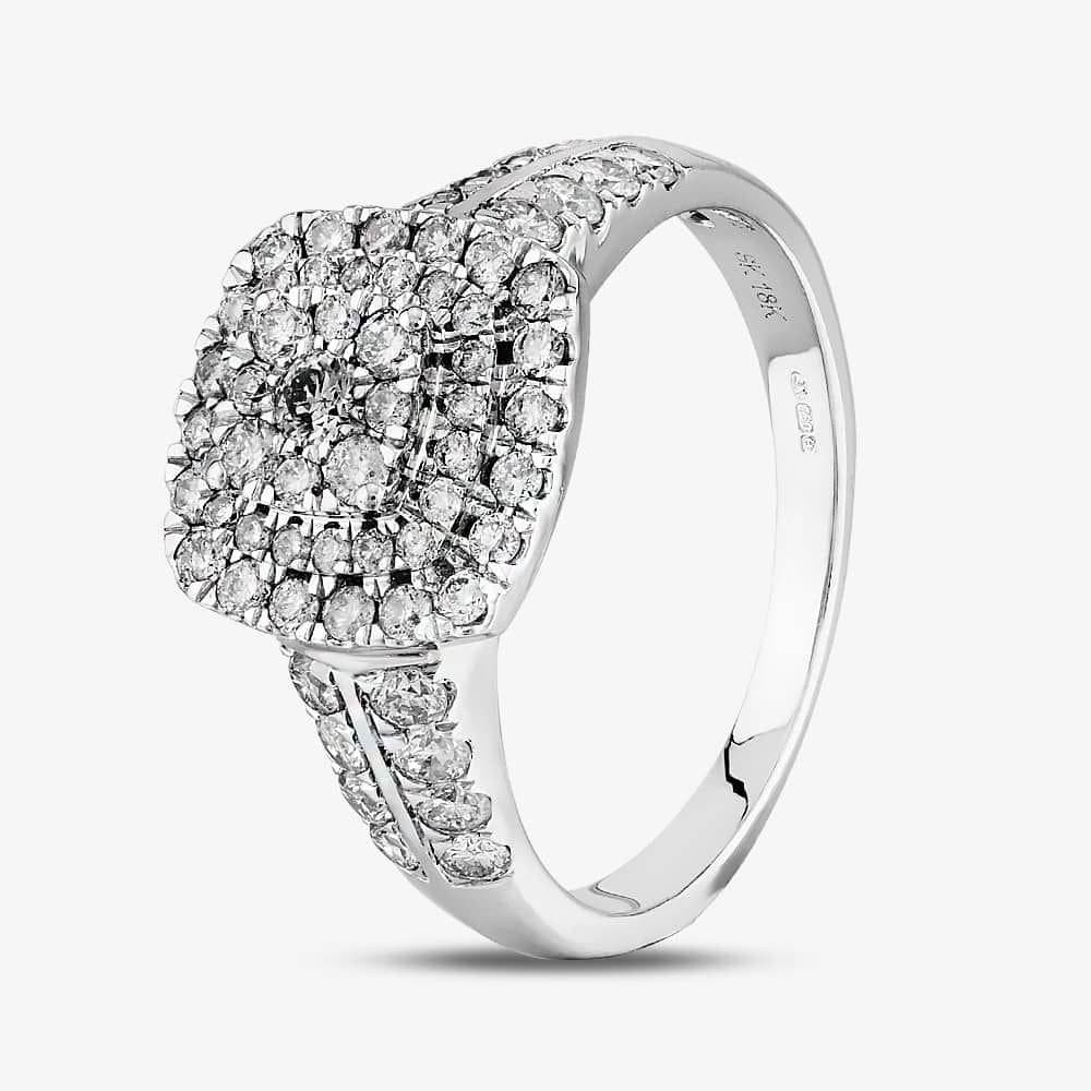 T.H.Baker T.H.Baker Women's 18ct White Gold 1.00ct Diamond Shouldered Cushion Cluster Ring in Silver