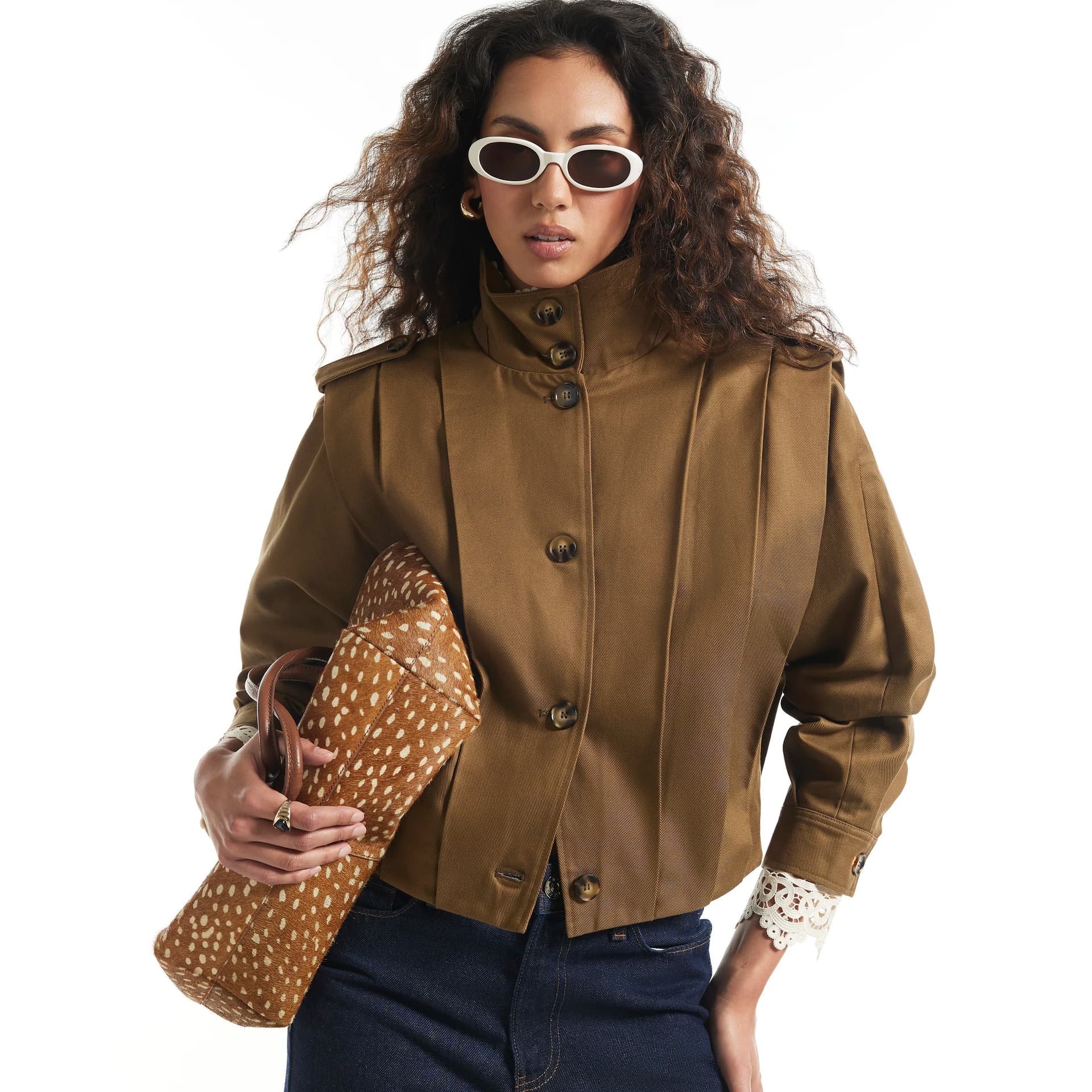 River Island River Island Womens Khaki Pleat Detail Crop Jacket