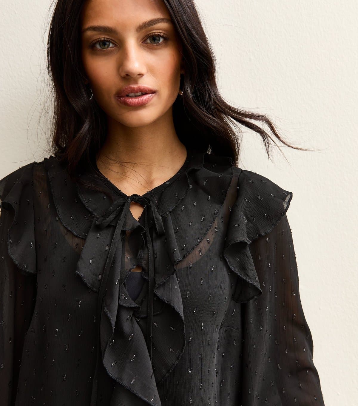 New Look Women's Black Metallic Spot Frilly Trimmed Blouse New Look
