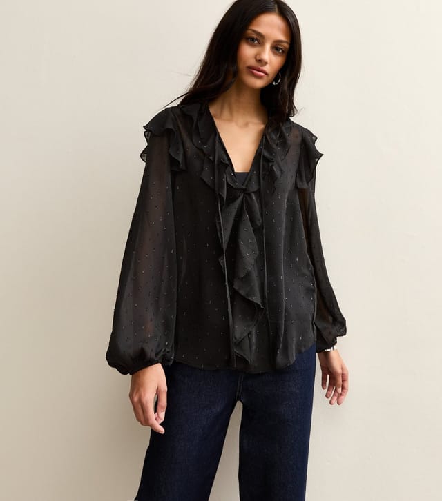 New Look Women's Black Metallic Spot Frilly Trimmed Blouse New Look - 2