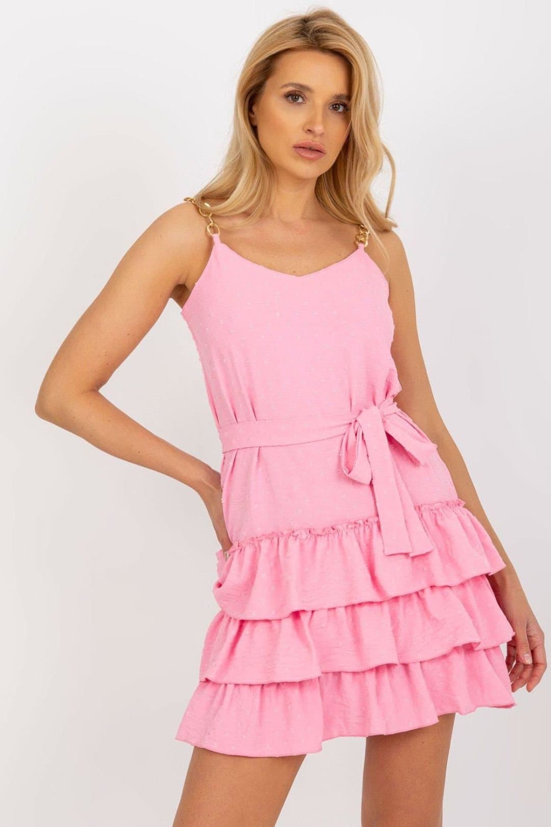 Love Lace Love Lace Women's Mini V Neck Chain Strap Frill Dress in Pink