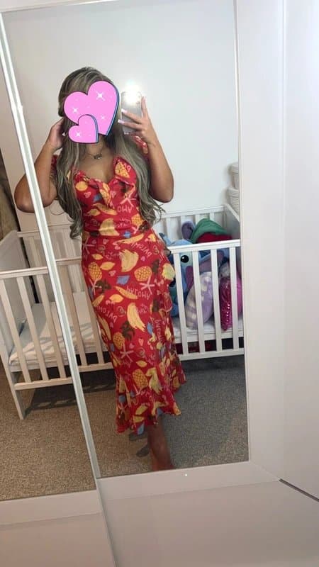 New Look Red tropical fruit front ruffle trim chiffon midi dress