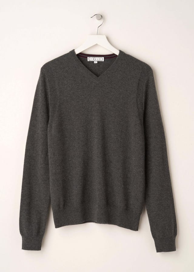 Truly Truly Men's Charcoal Cashmere V Neck Jumper in Grey - 3