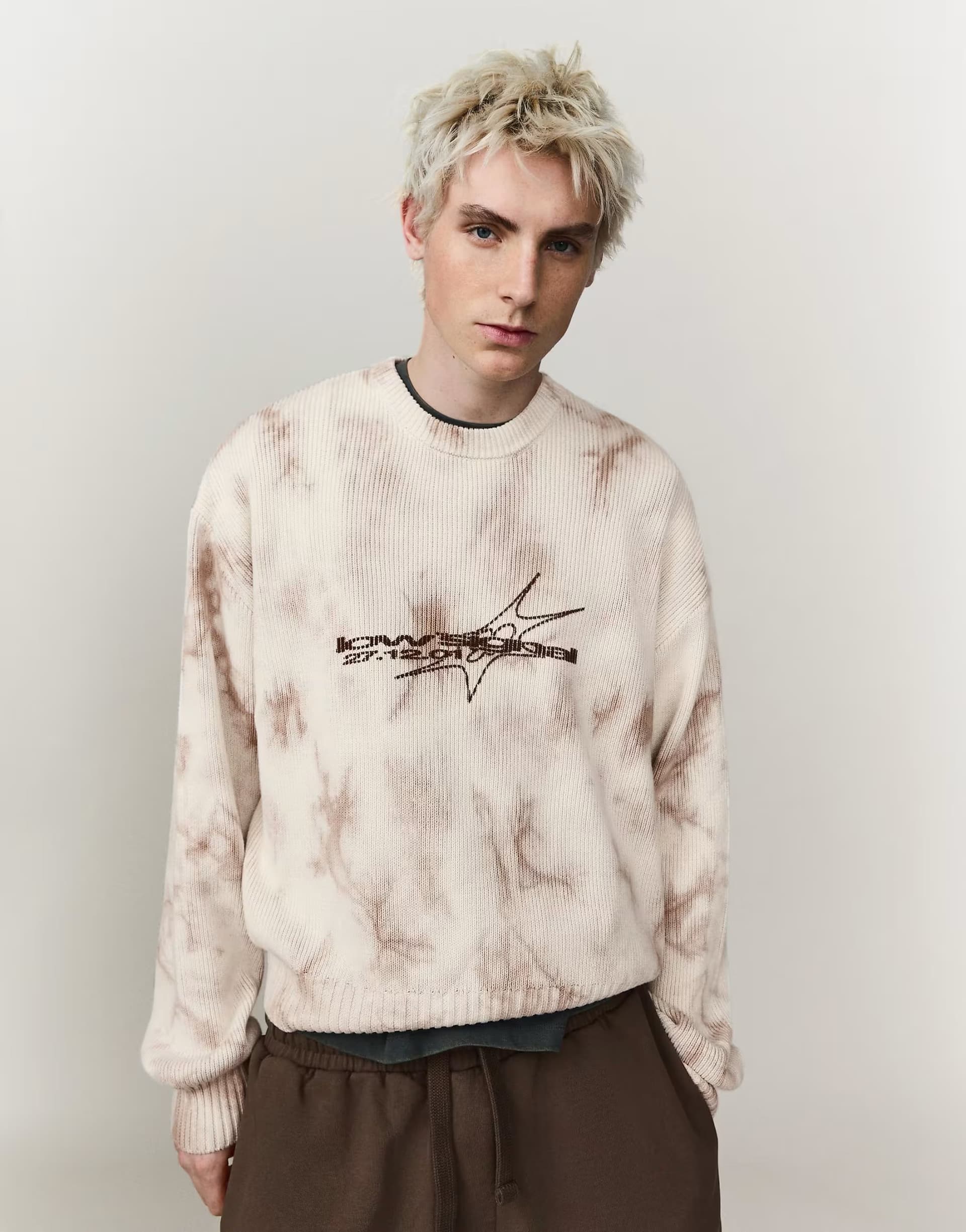 ASOS Bershka Printed round neck jumper in beige