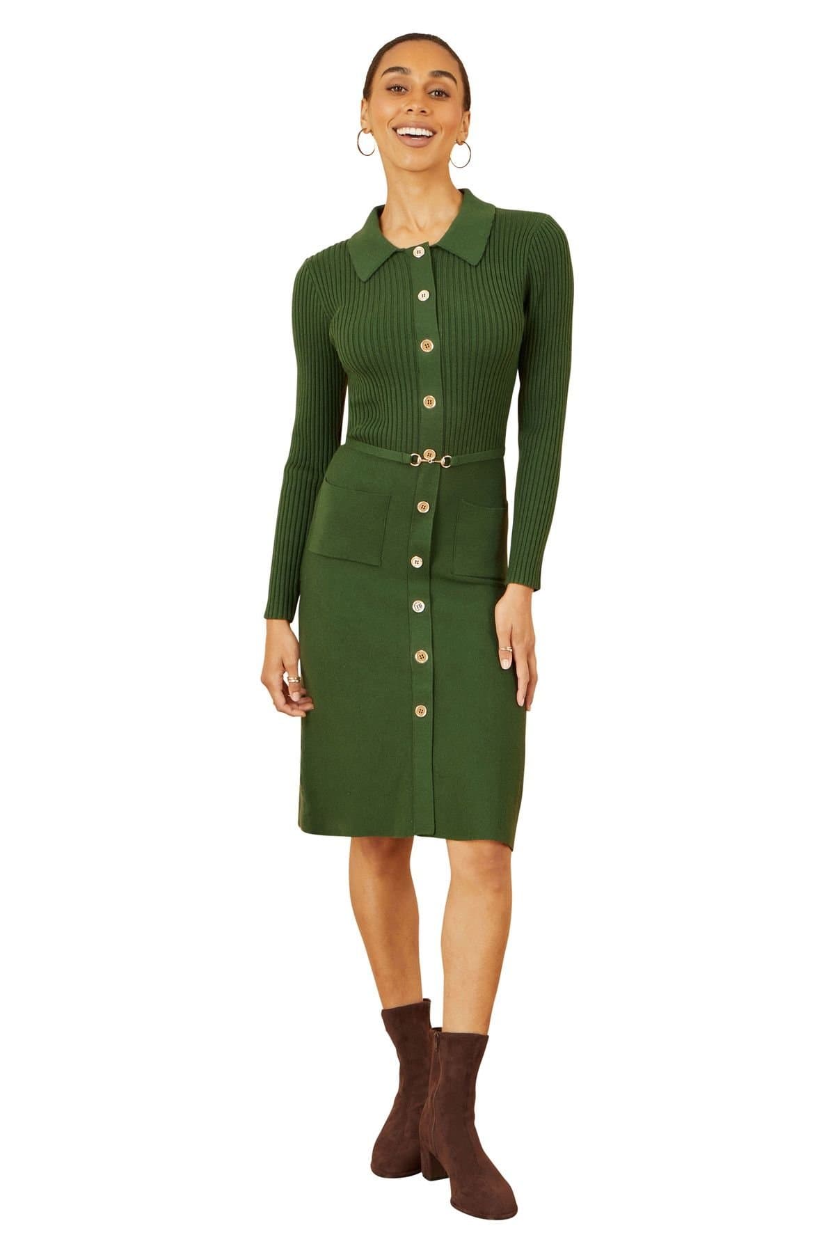 Yumi Yumi Women's Green Rib Knit Midi Dress With Belt