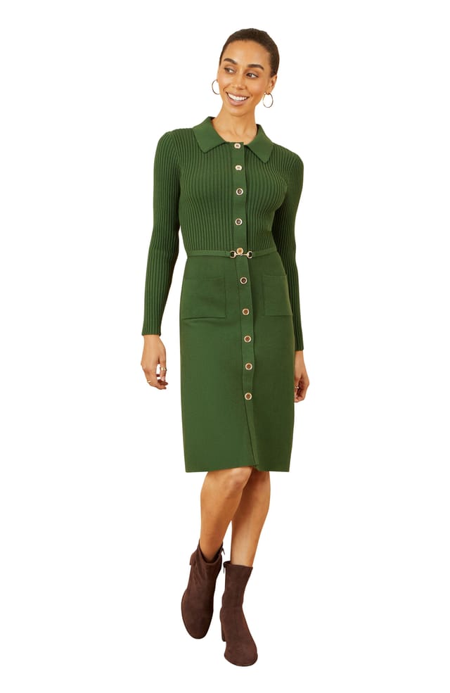Yumi Yumi Women's Green Rib Knit Midi Dress With Belt - 2