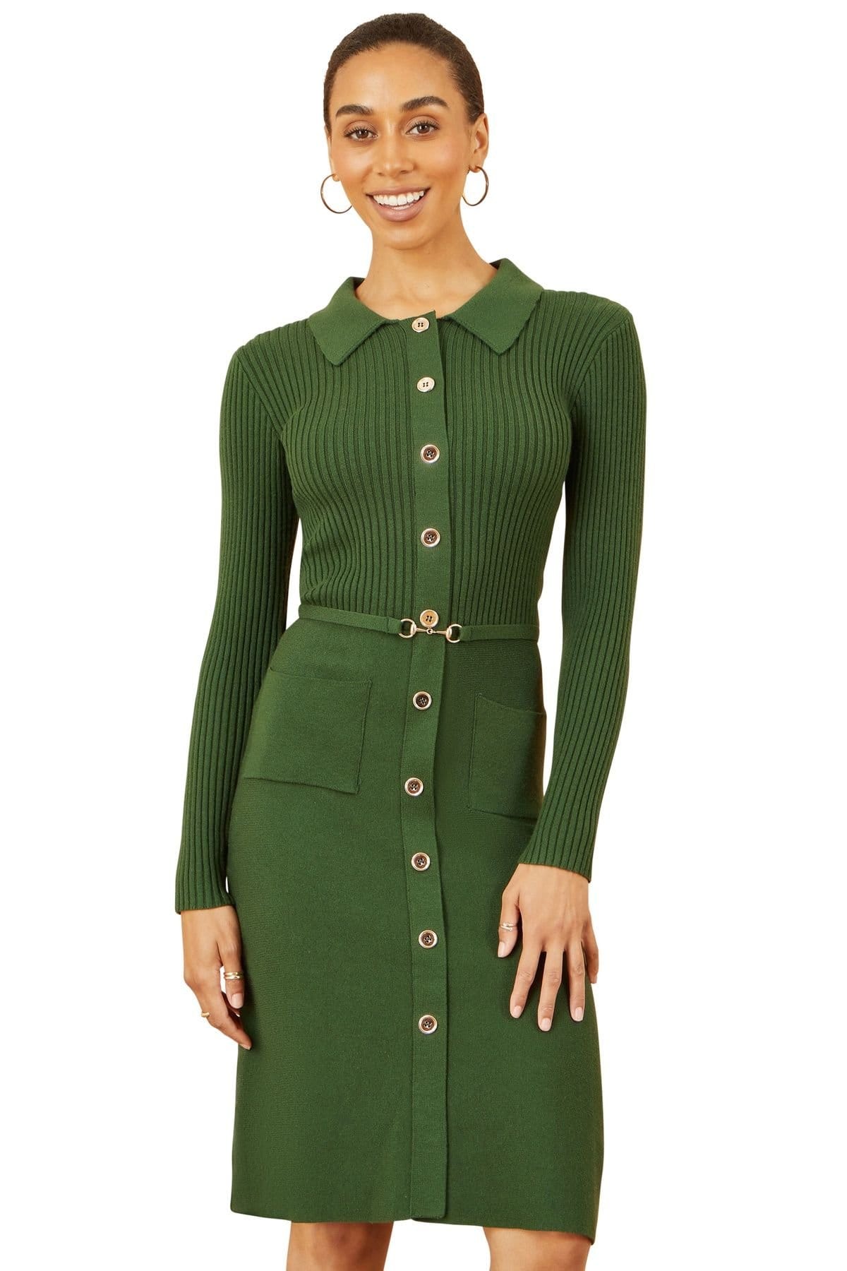 Yumi Yumi Women's Green Rib Knit Midi Dress With Belt - 4