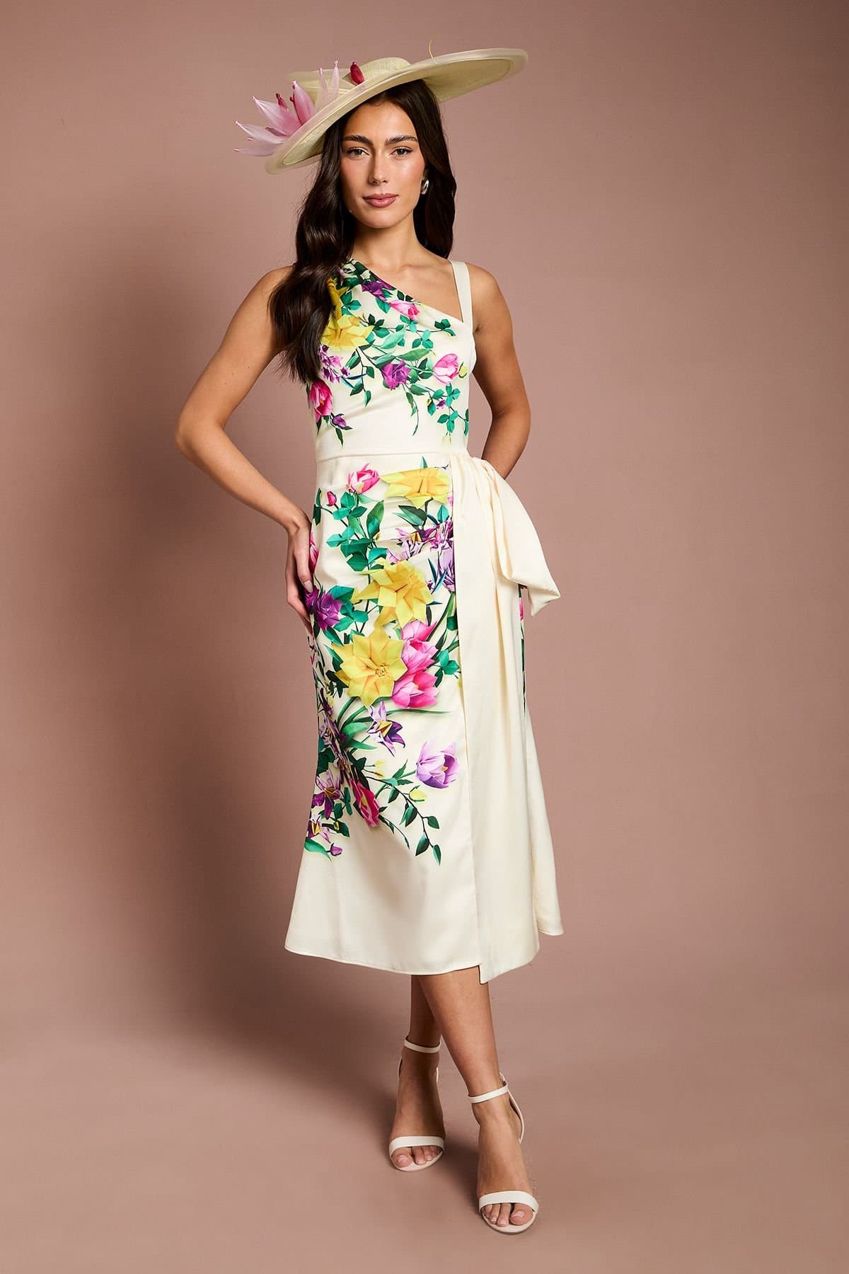 Coast Coast Women's Lisa Tan Placement Print Satin Floral Bow Detail Midi Dress in Lemon