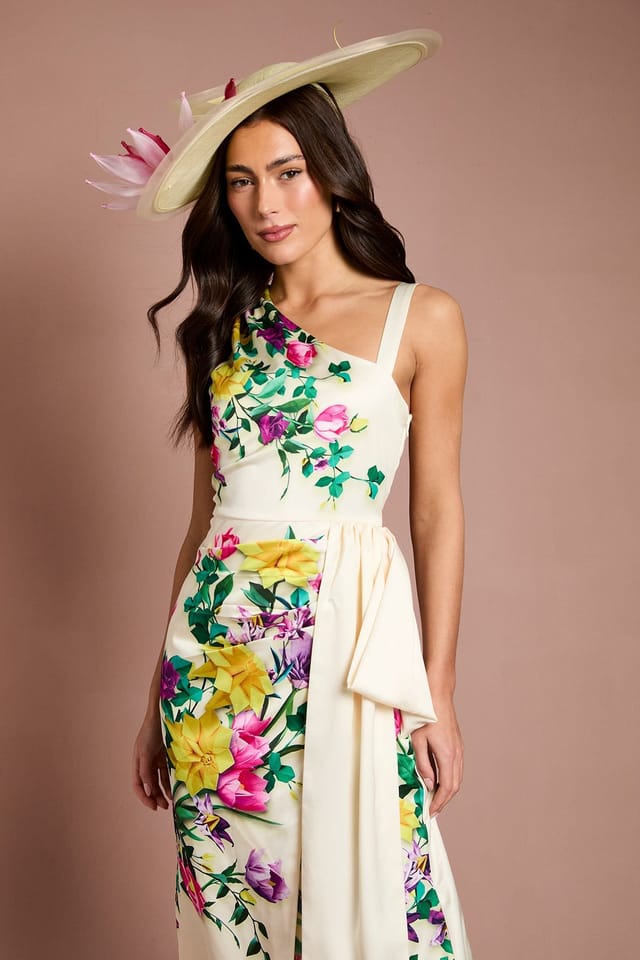 Coast Coast Women's Lisa Tan Placement Print Satin Floral Bow Detail Midi Dress in Lemon - 2