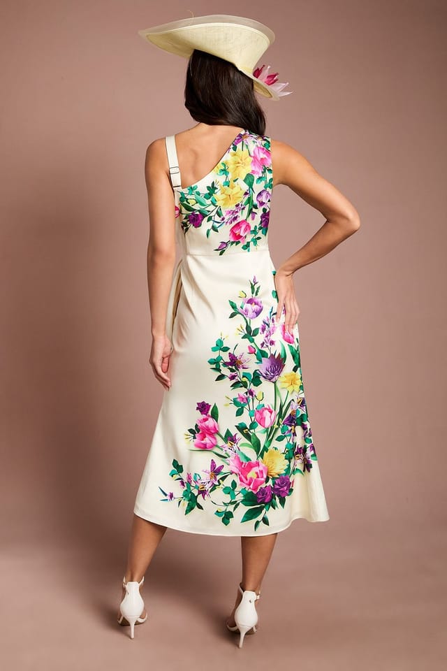 Coast Coast Women's Lisa Tan Placement Print Satin Floral Bow Detail Midi Dress in Lemon - 3