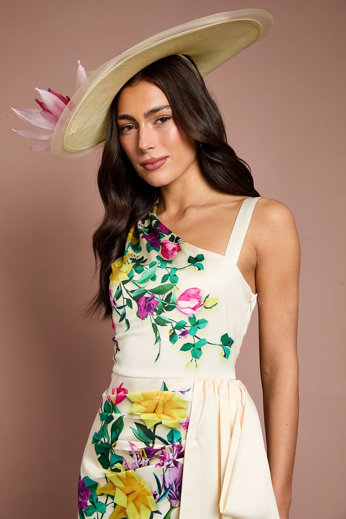 Coast Coast Women's Lisa Tan Placement Print Satin Floral Bow Detail Midi Dress in Lemon - 4