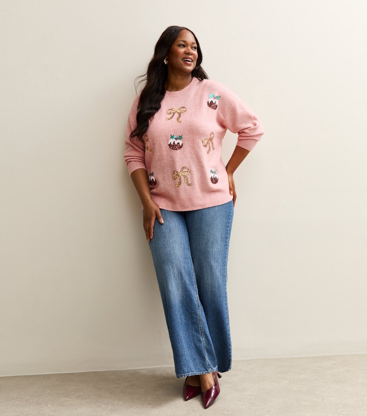 New Look Women's Plus Size Pink Christmas Pudding Embellished Jumper Curves New Look - 3