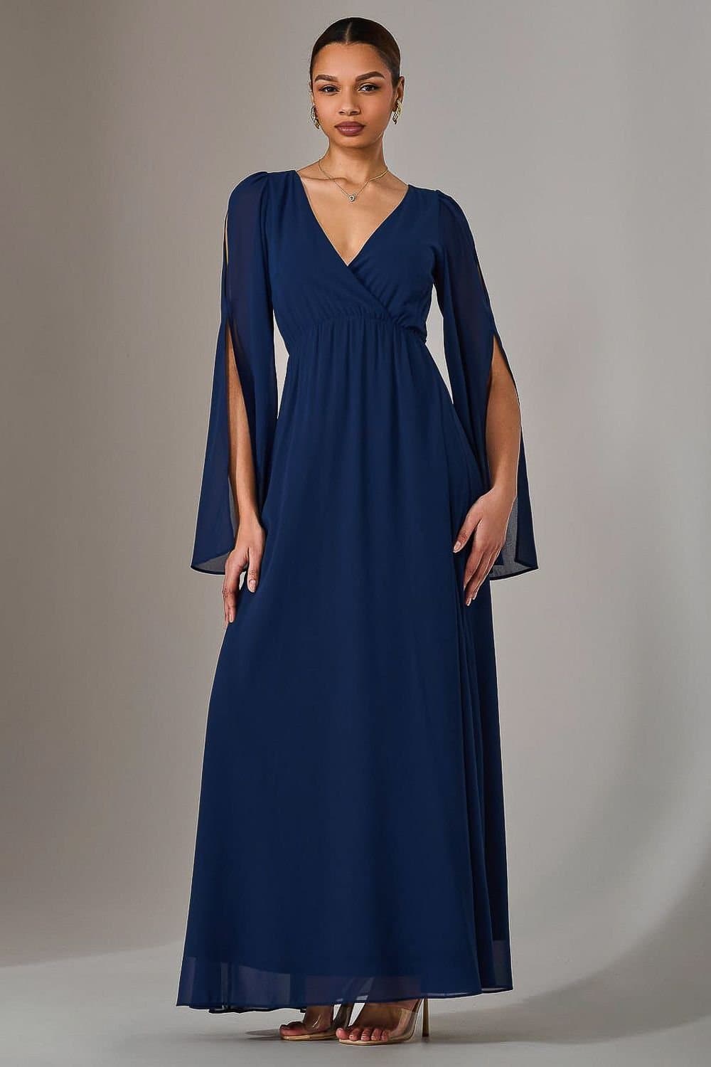 Jolie Moi Jolie Moi Women's Chiffon Cap Sleeve Maxi Dress in Navy