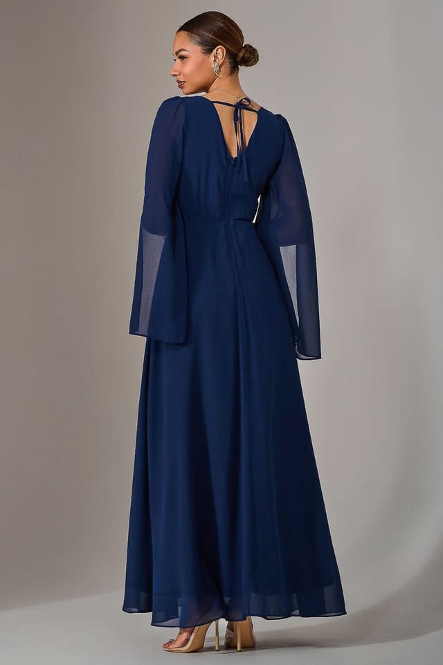 Jolie Moi Jolie Moi Women's Chiffon Cap Sleeve Maxi Dress in Navy - 2