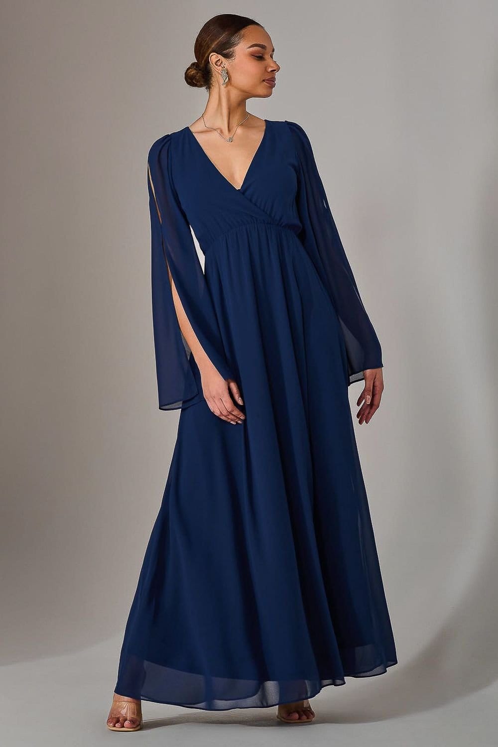 Jolie Moi Jolie Moi Women's Chiffon Cap Sleeve Maxi Dress in Navy - 4