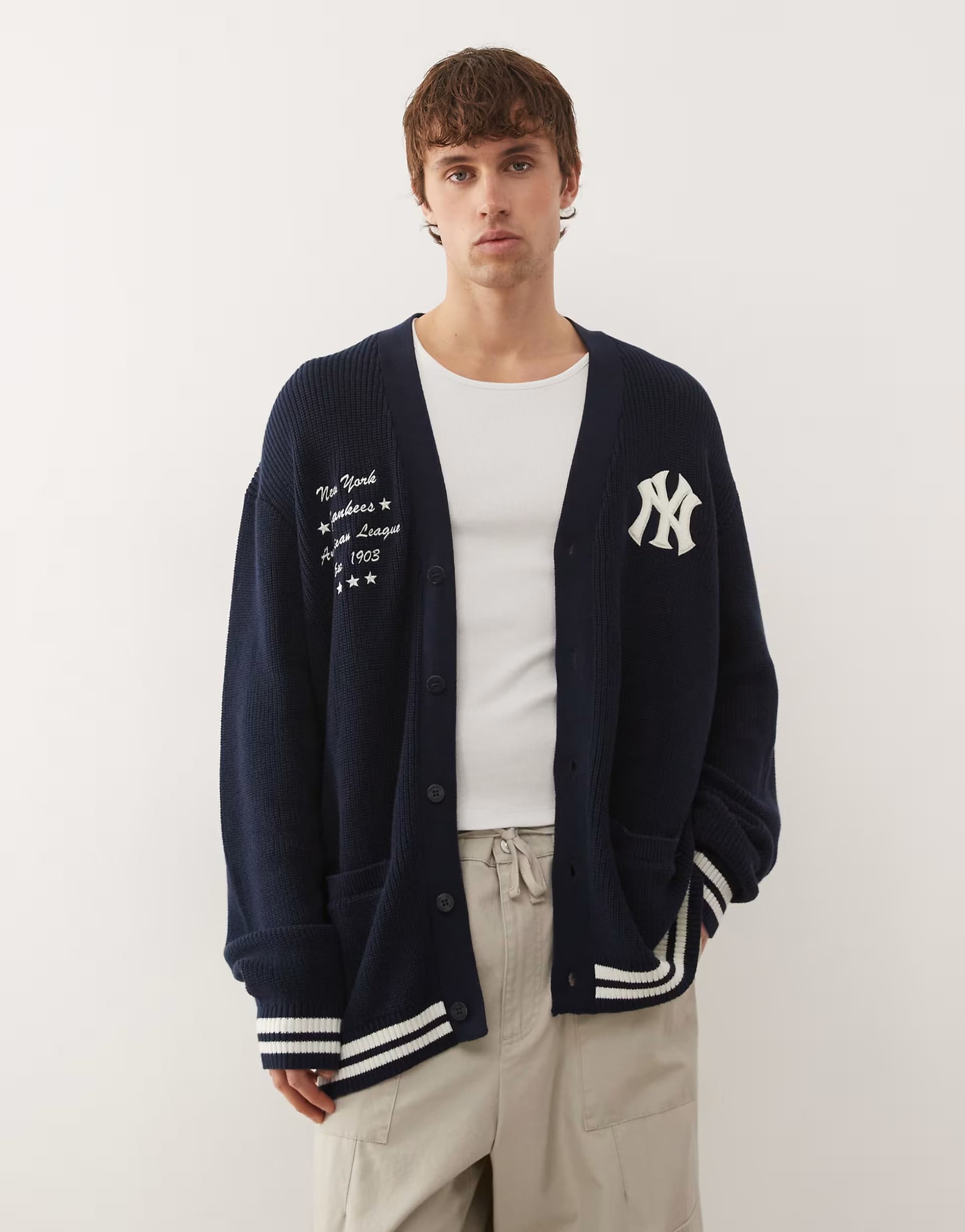 ASOS New Era NY Yankees collegiate script button up cardigan in navy