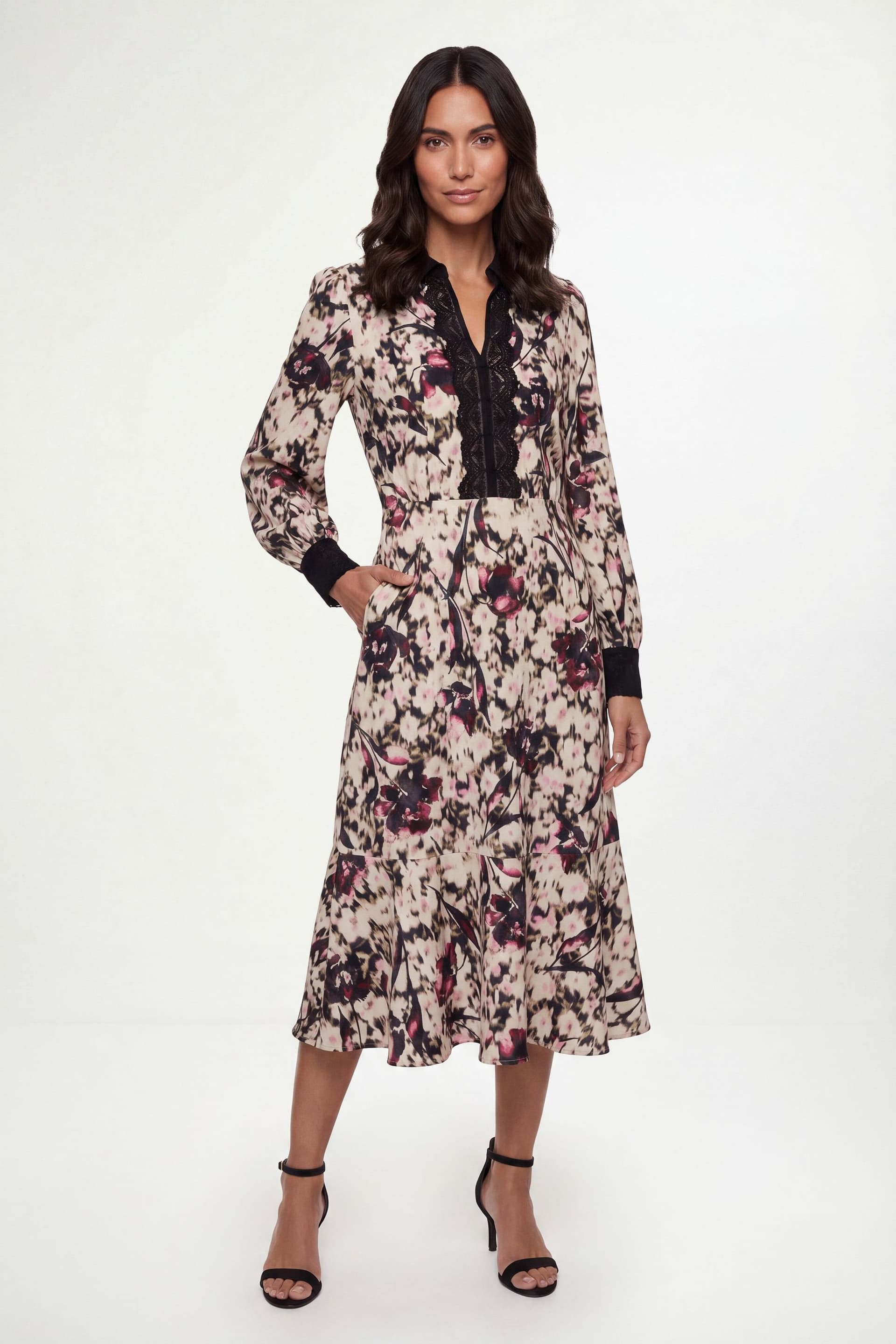 Wallis Wallis Women's Floral Lace Detail Collared Shirt Dress in Black