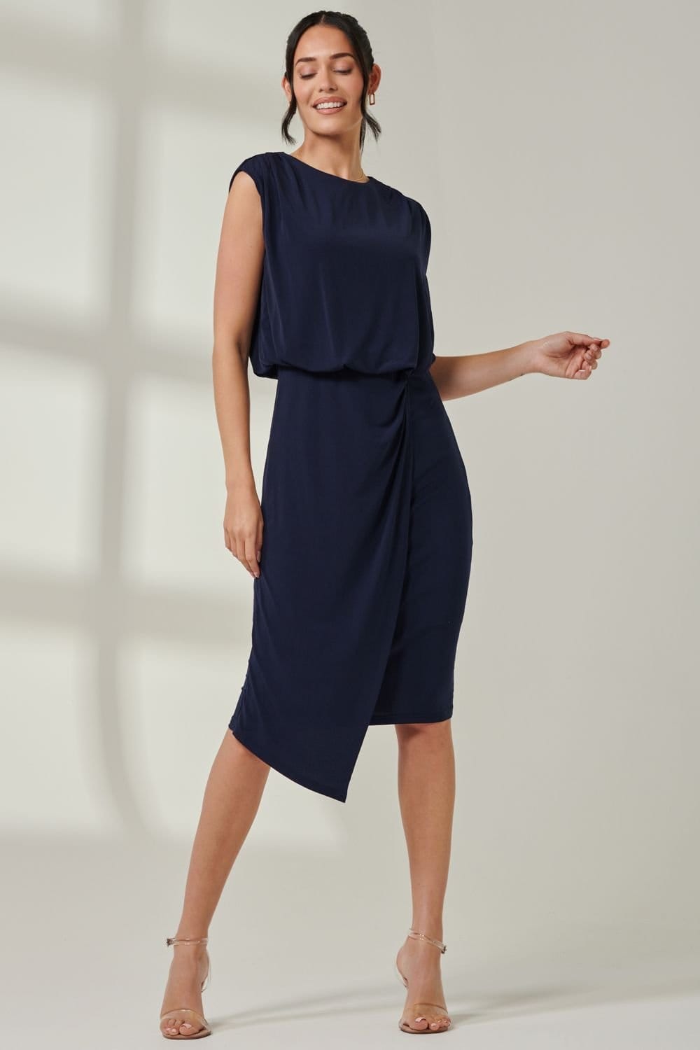 Jolie Moi Jolie Moi Women's Tiered Draped Pencil Dress in Navy - 4