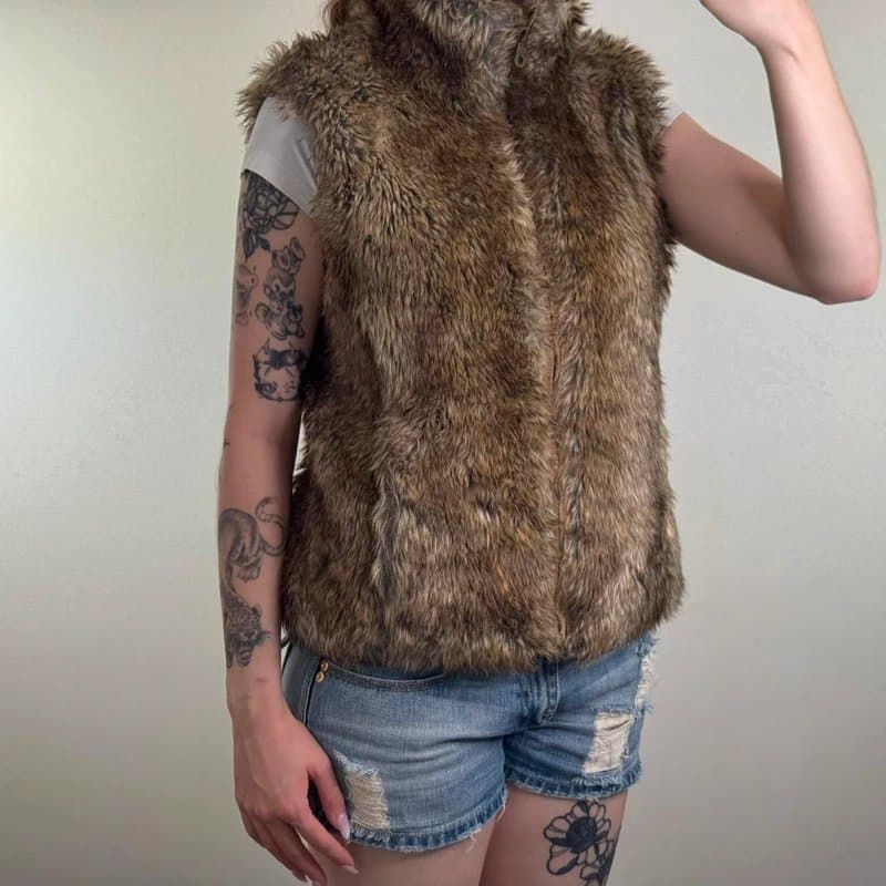 Topshop Y2K vintage Topshop faux fur sleeveless gilet body warmer high neck brown