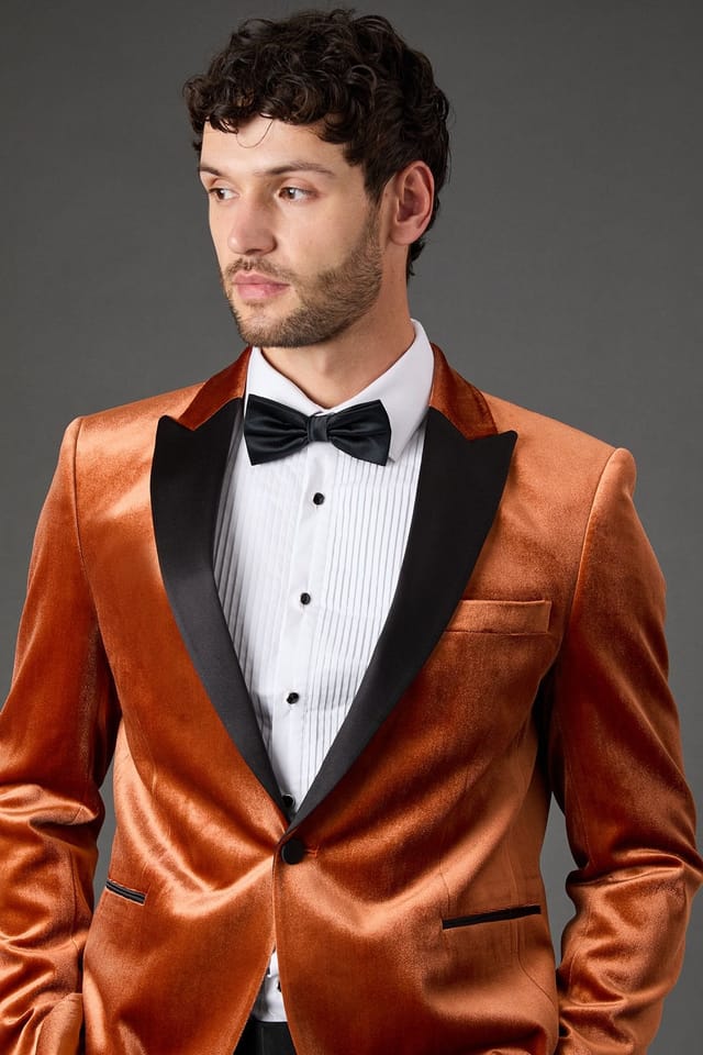 Burton Burton Men's Rust Velvet Slim Fit Tuxedo Jacket - 2