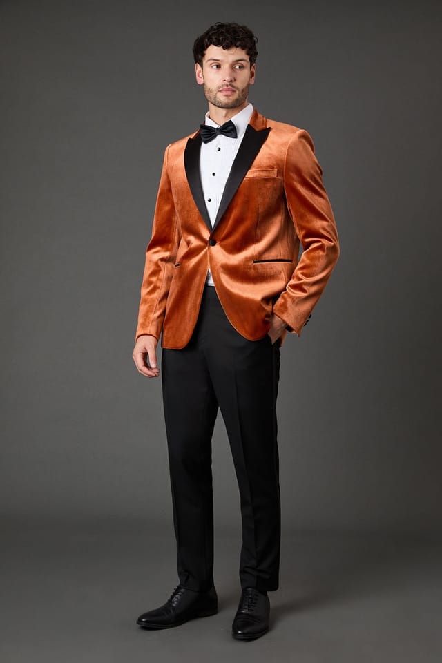 Burton Burton Men's Rust Velvet Slim Fit Tuxedo Jacket - 3