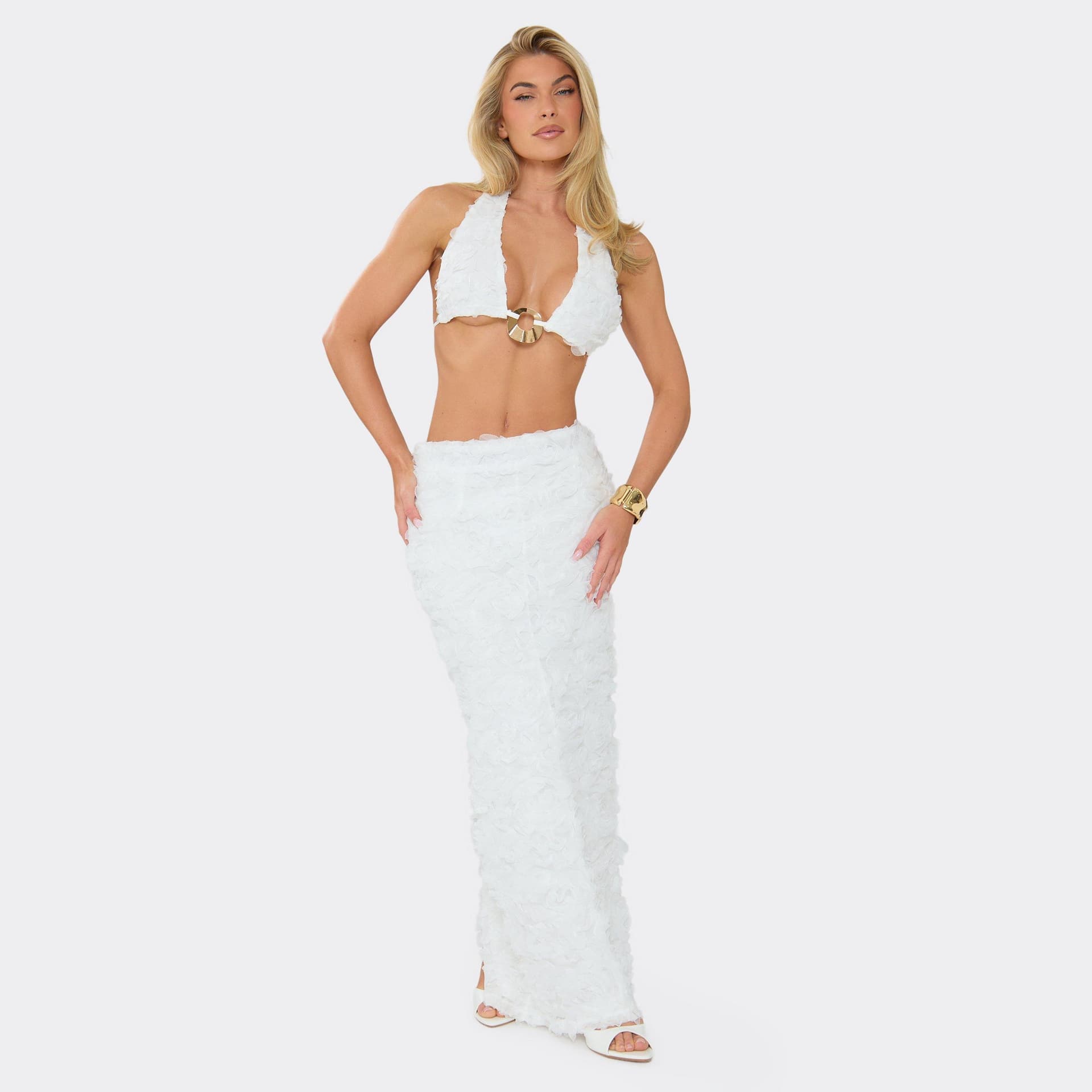 EGO Low Rise Maxi Skirt In White Texture, Women's Size UK 6
