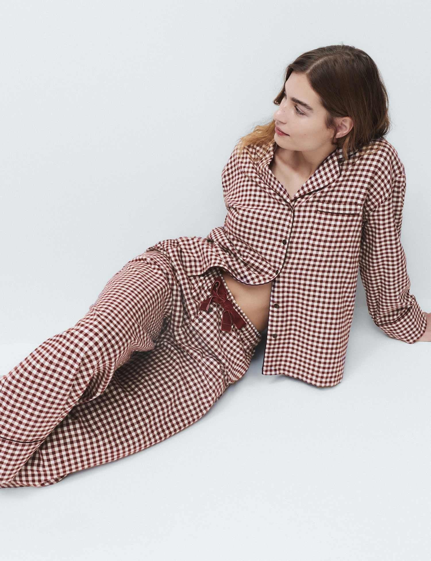 Marks & Spencer M&S Pure Cotton Gingham Revere Pyjama Set Burgundy Mix