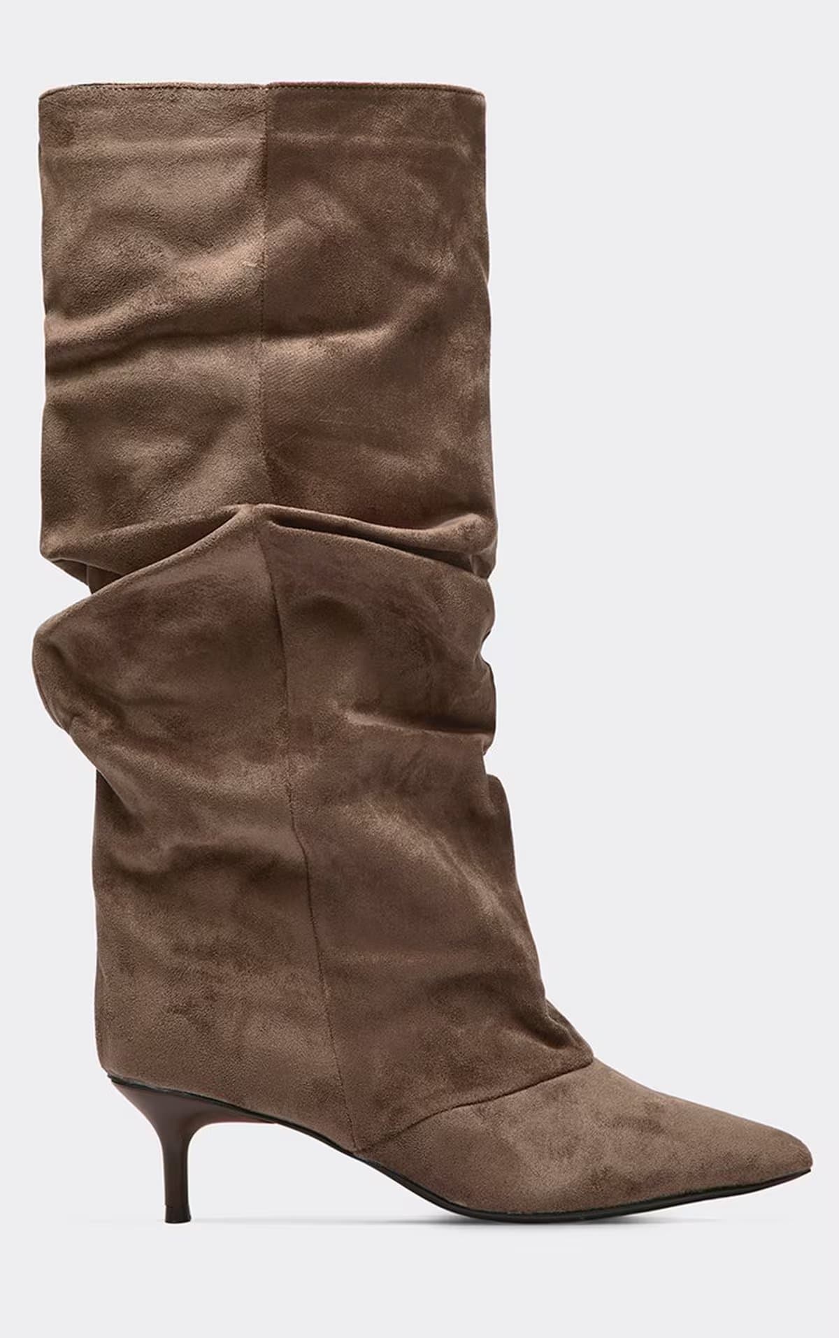 EGO Pixi Pointed Toe Slouched Kitten Heel Knee High Boot In Mocha Faux Suede, Women's Size UK 3