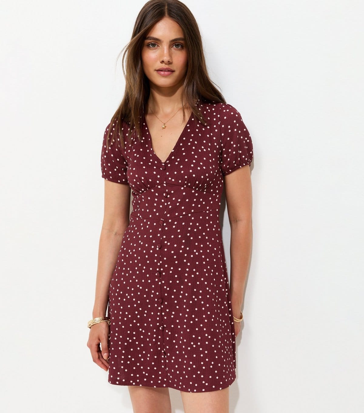 New Look Red Spot Print V-Neck Mini Dress