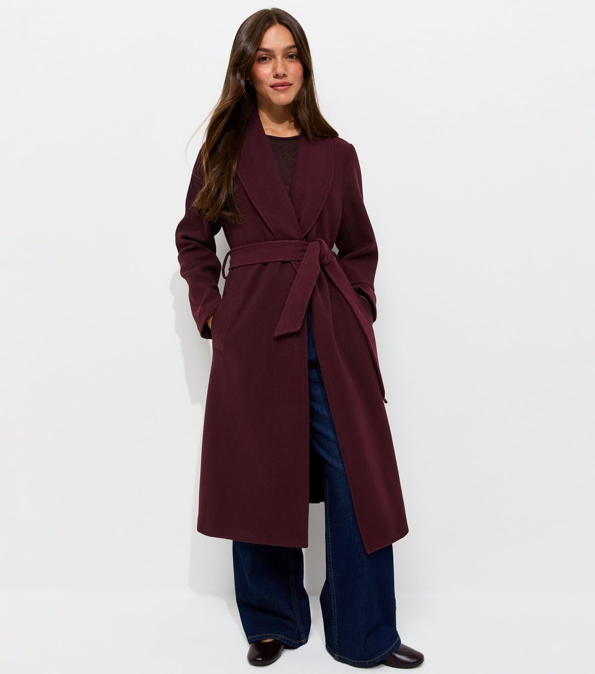 New Look Women's Petite Dark Burgundy Shawl Collar Belted Coat New Look