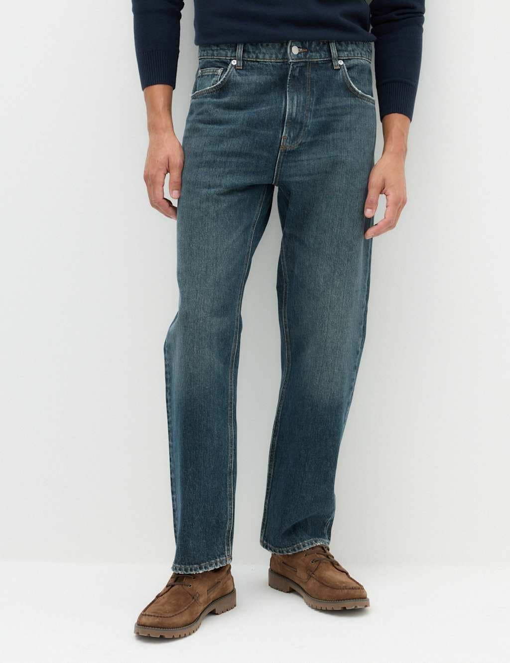 Marks & Spencer M&S Straight Fit Pure Cotton Heavyweight Jeans Smokey Blue