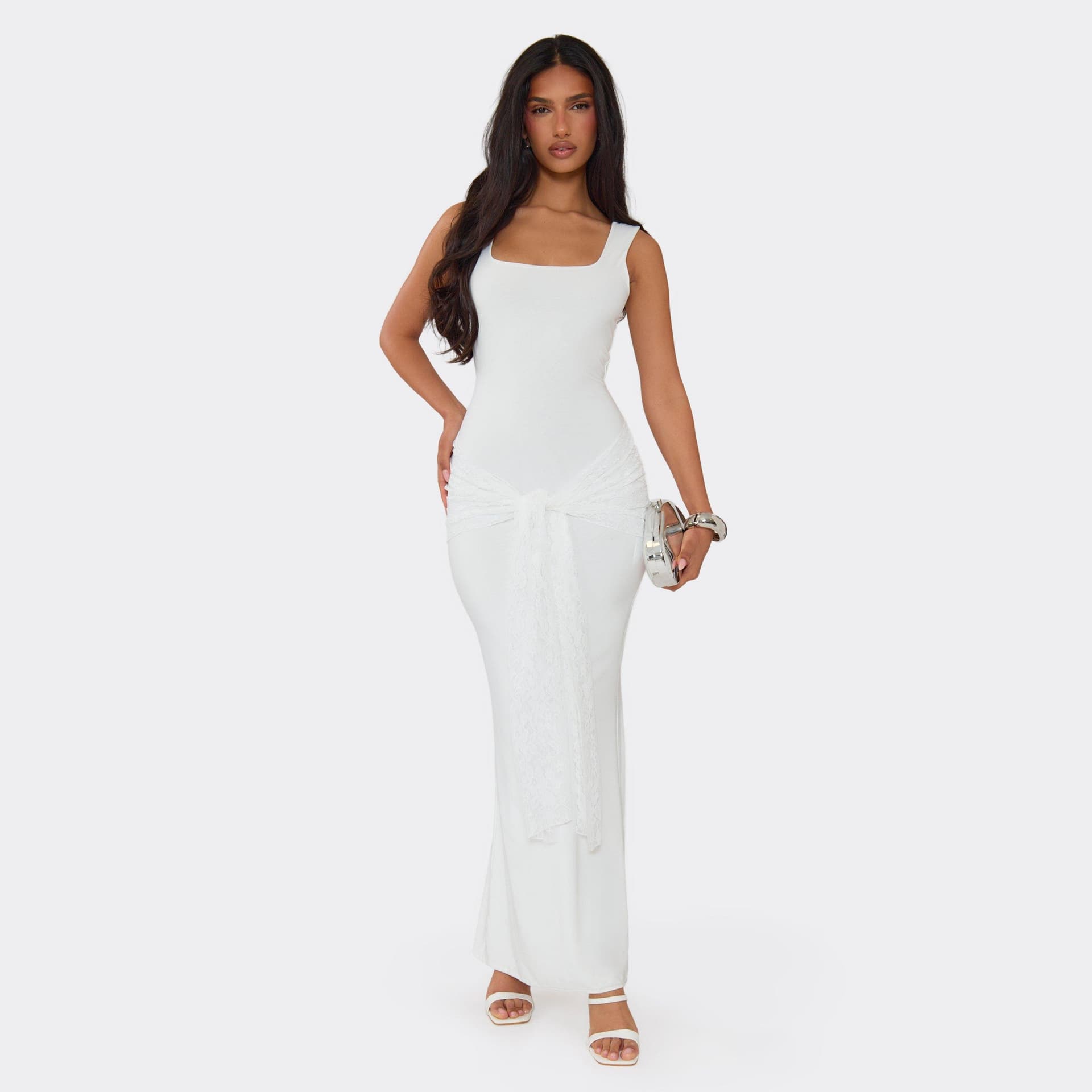 EGO Sleeveless Lace Tie Detail Maxi Dress In White, Women's Size UK 6