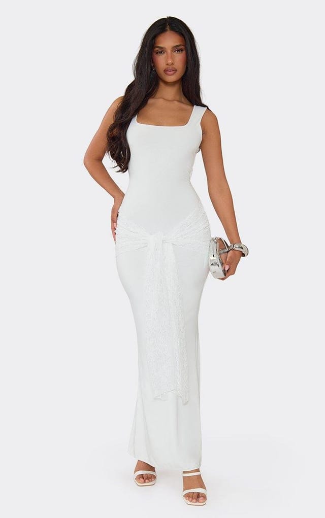 EGO Sleeveless Lace Tie Detail Maxi Dress In White, Women's Size UK 6 - 2