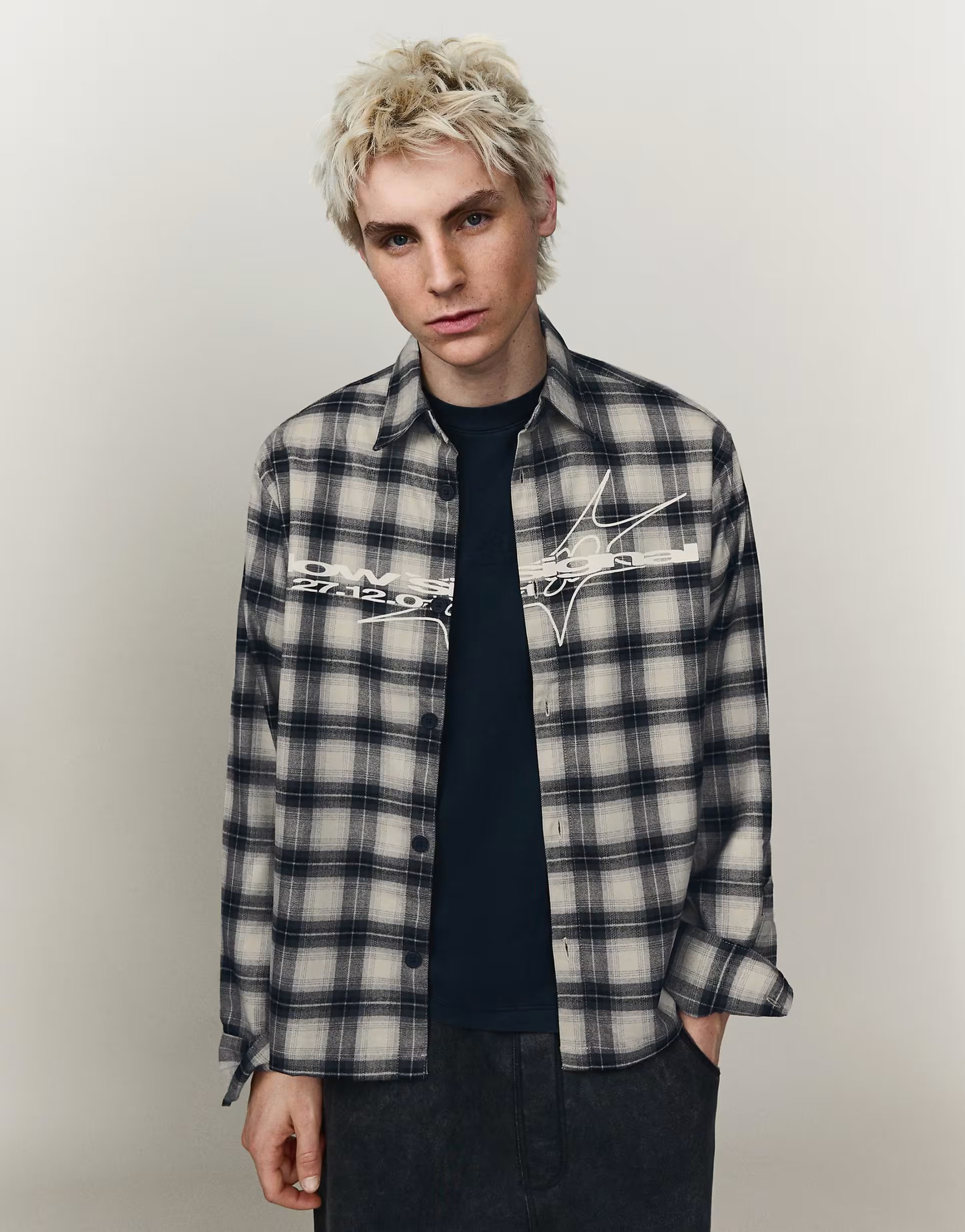 ASOS Bershka Long sleeve checked shirt in grey - 1