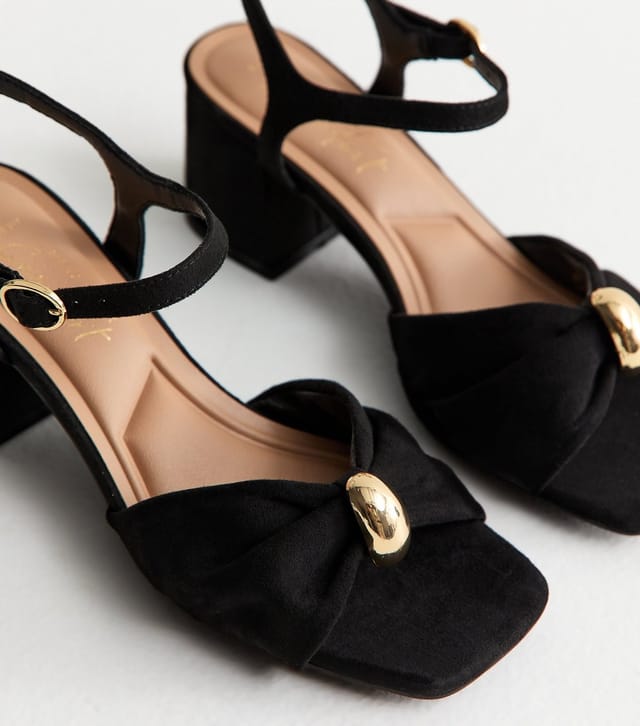 New Look Women's Wide Fit Black Faux Suede Metal Ring Block Heel Sandals Vegan New Look - 3