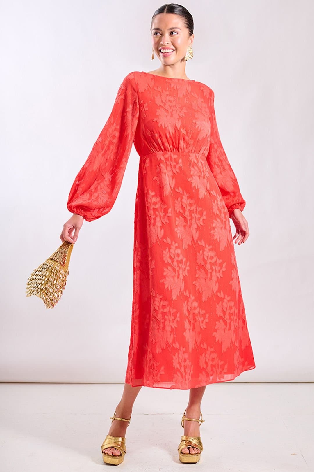 Needs No Label Needs No Label Women's Coral Long Sleeve Jacquard Midi Dress