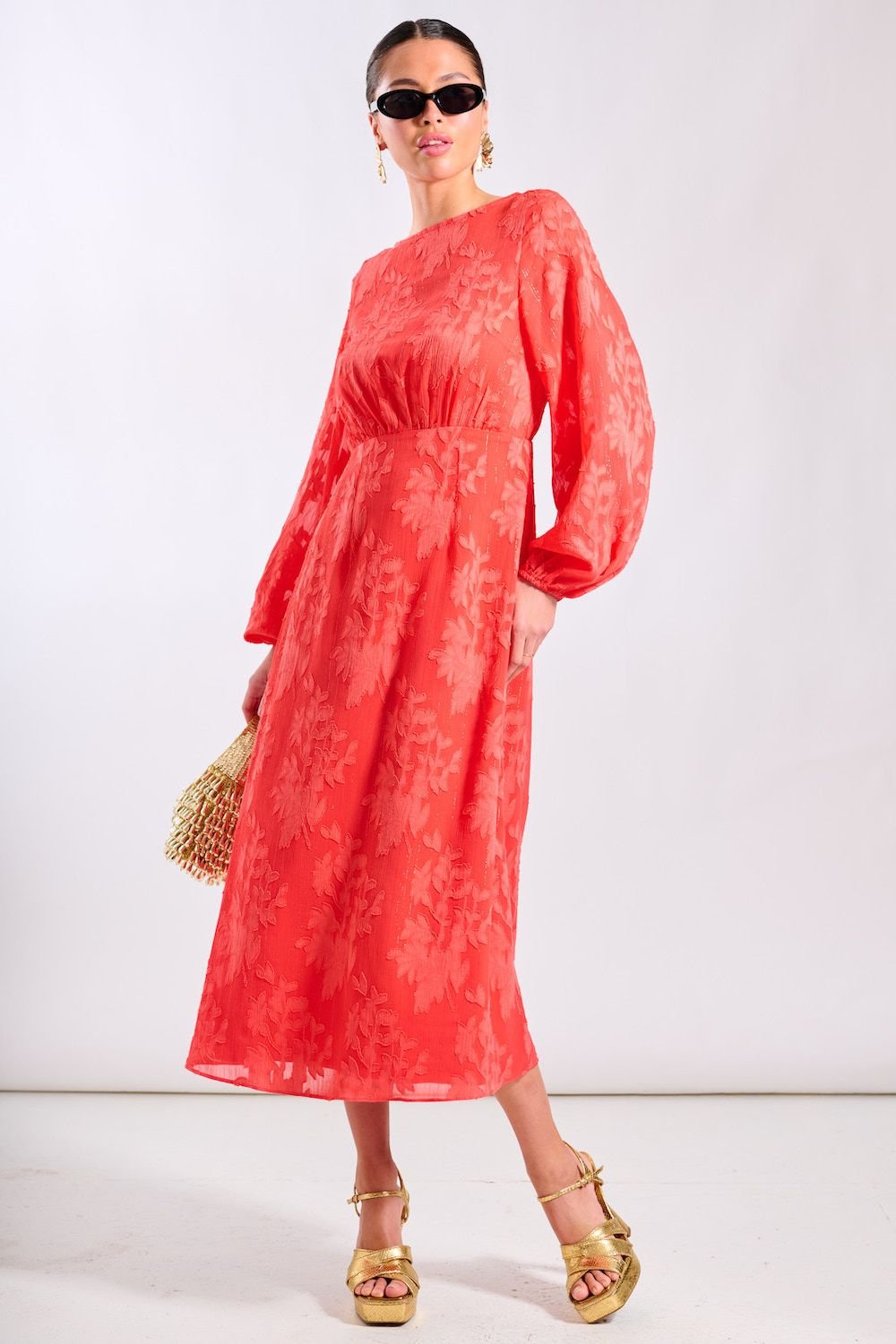 Needs No Label Needs No Label Women's Coral Long Sleeve Jacquard Midi Dress - 2