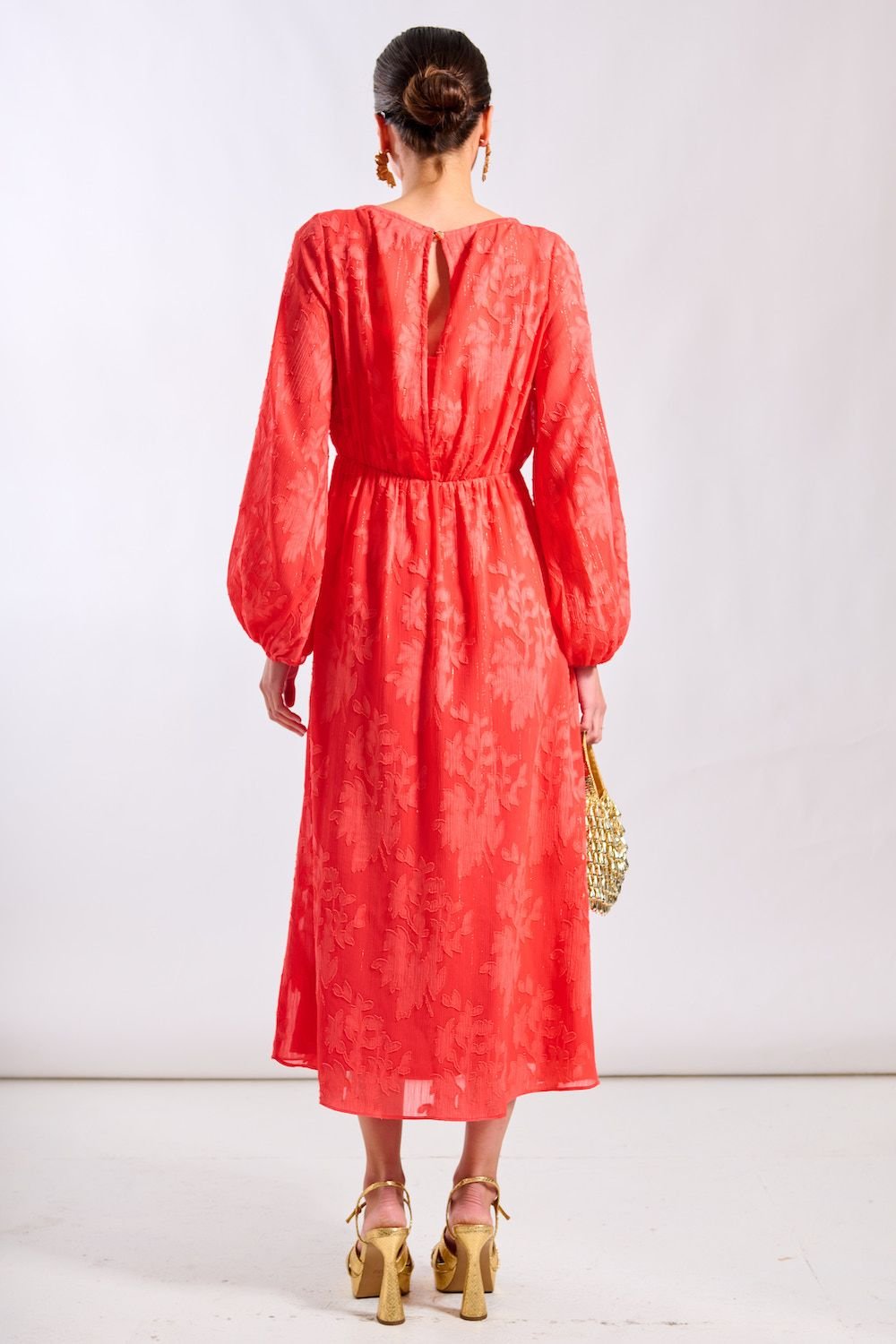 Needs No Label Needs No Label Women's Coral Long Sleeve Jacquard Midi Dress - 4