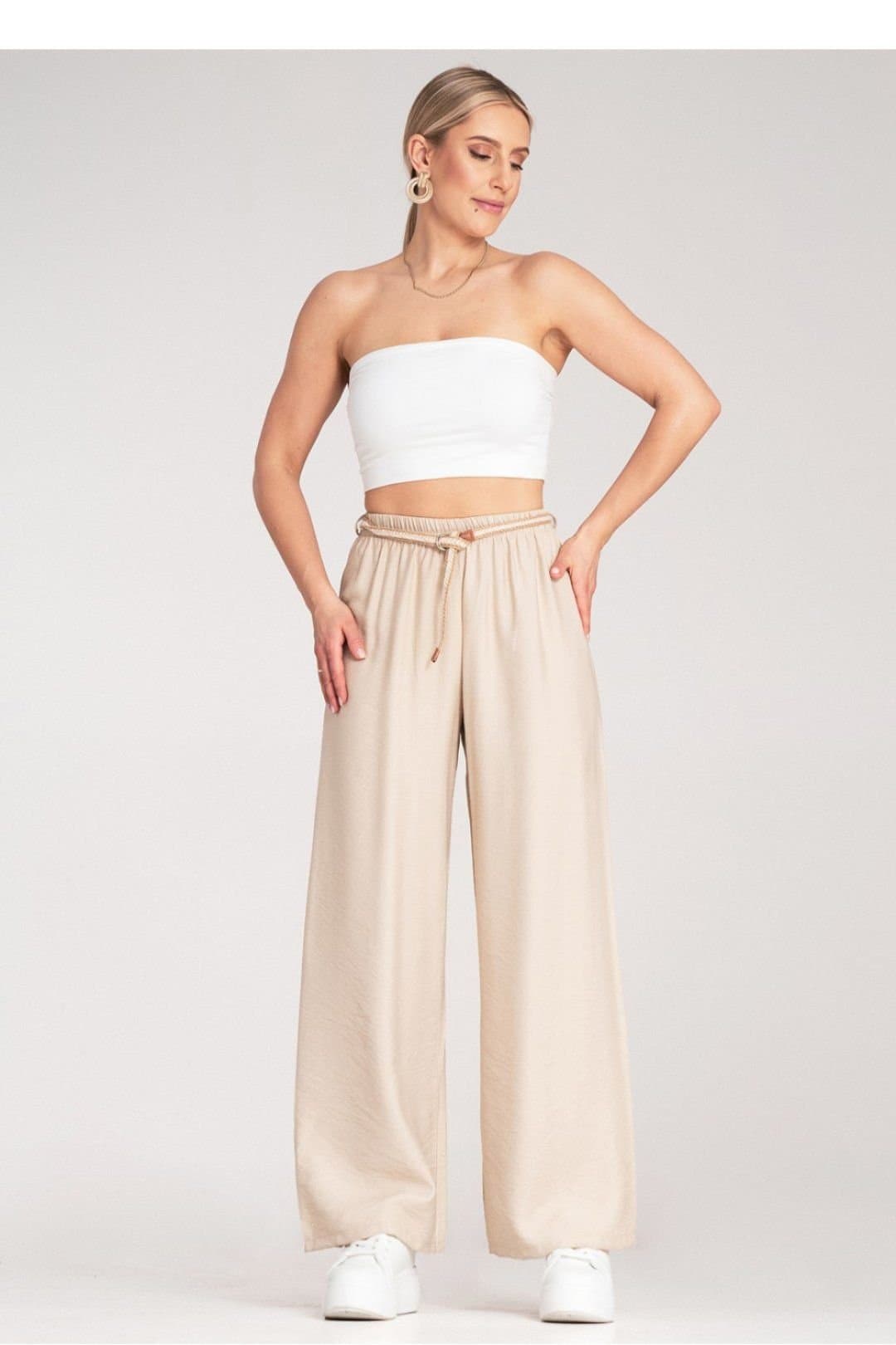 Love Lace Love Lace Women's Natural Boho Elastic Waist Trousers Braided Belt in Beige