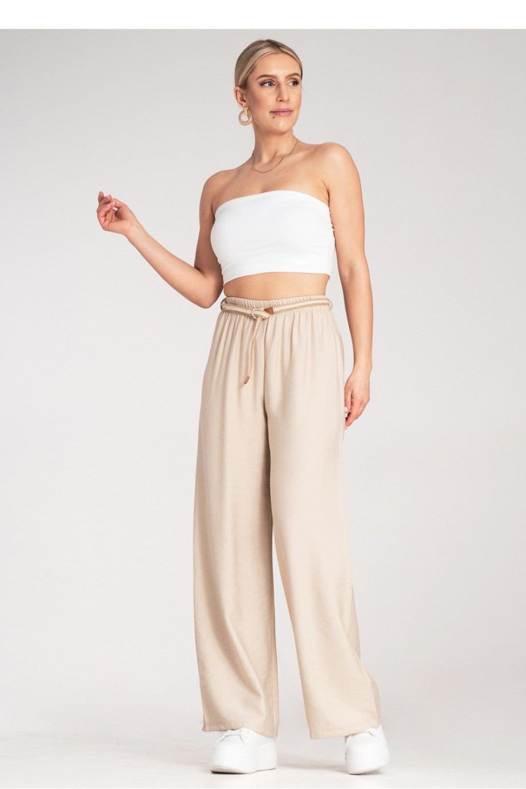 Love Lace Love Lace Women's Natural Boho Elastic Waist Trousers Braided Belt in Beige - 4