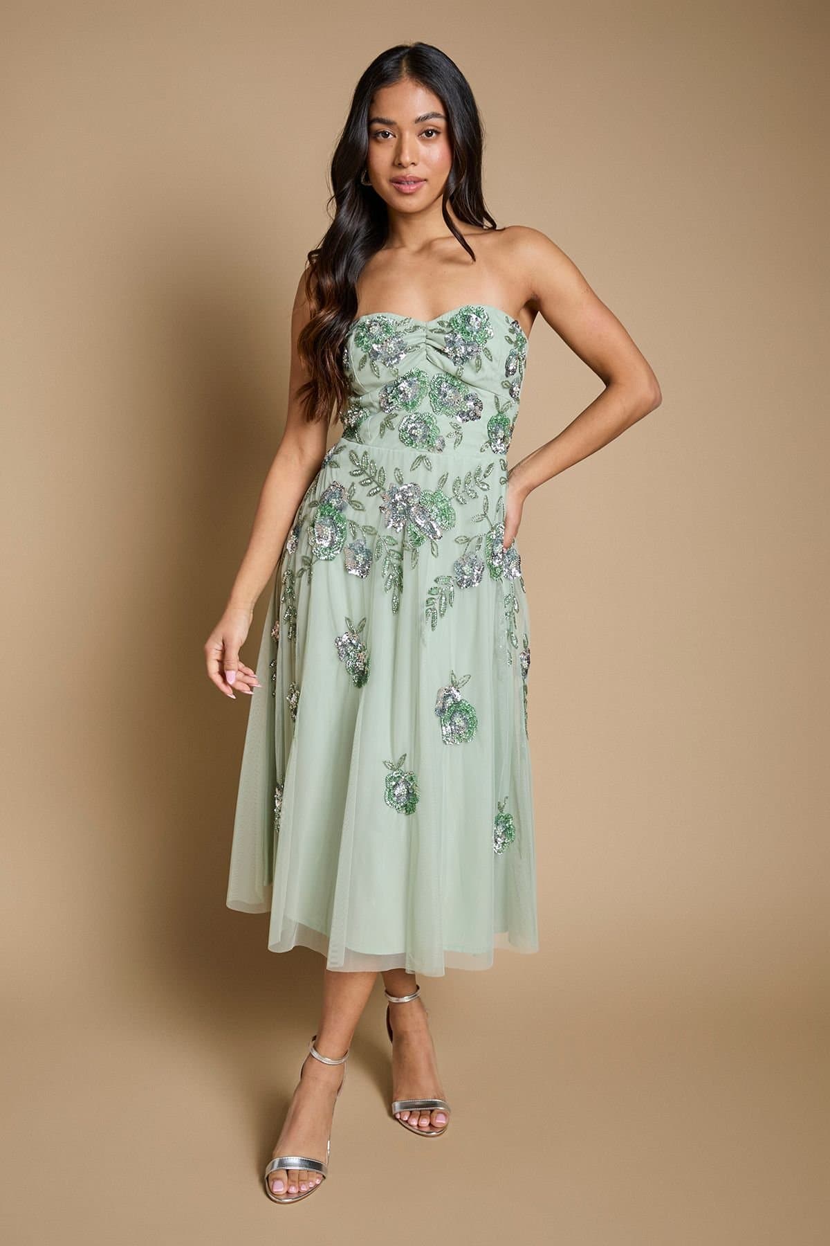Oasis Oasis Women's Petite Premium Trailing Floral Embellished Bandeau Midi Dress in Sage
