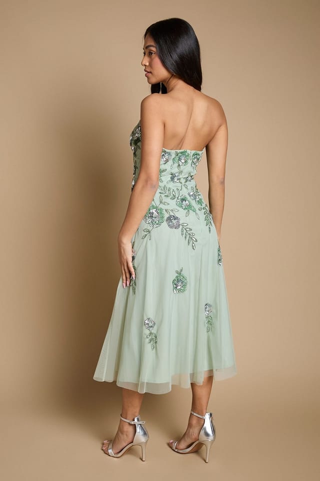 Oasis Oasis Women's Petite Premium Trailing Floral Embellished Bandeau Midi Dress in Sage - 3