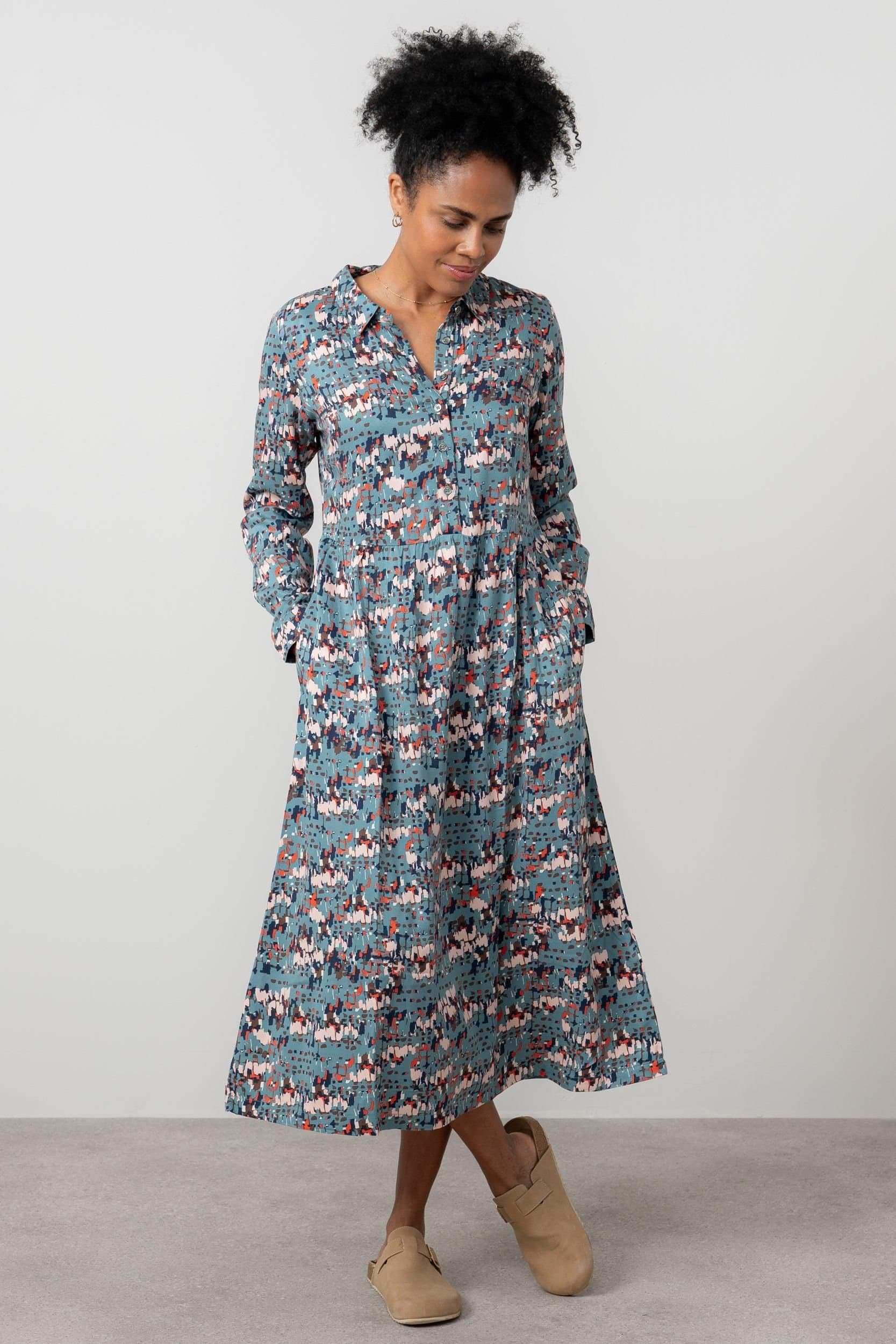 Lily & Me Lily & Me Women's Seasons Geometric Print Midi Shirt Dress with Full length sleeves in Mid Blue