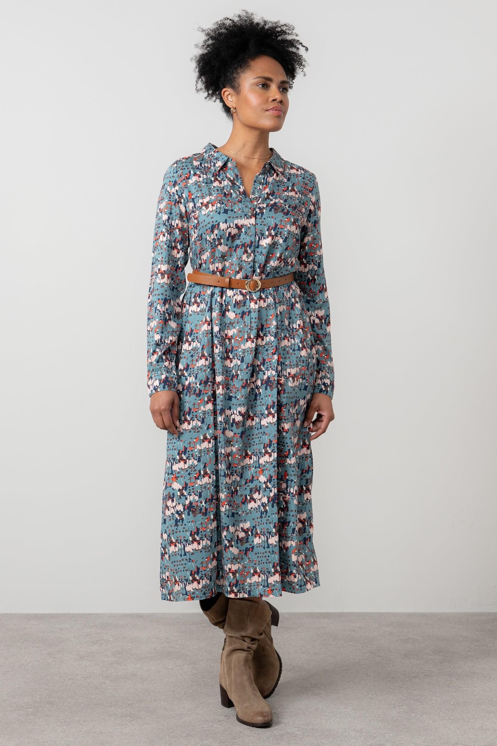Lily & Me Lily & Me Women's Seasons Geometric Print Midi Shirt Dress with Full length sleeves in Mid Blue - 2