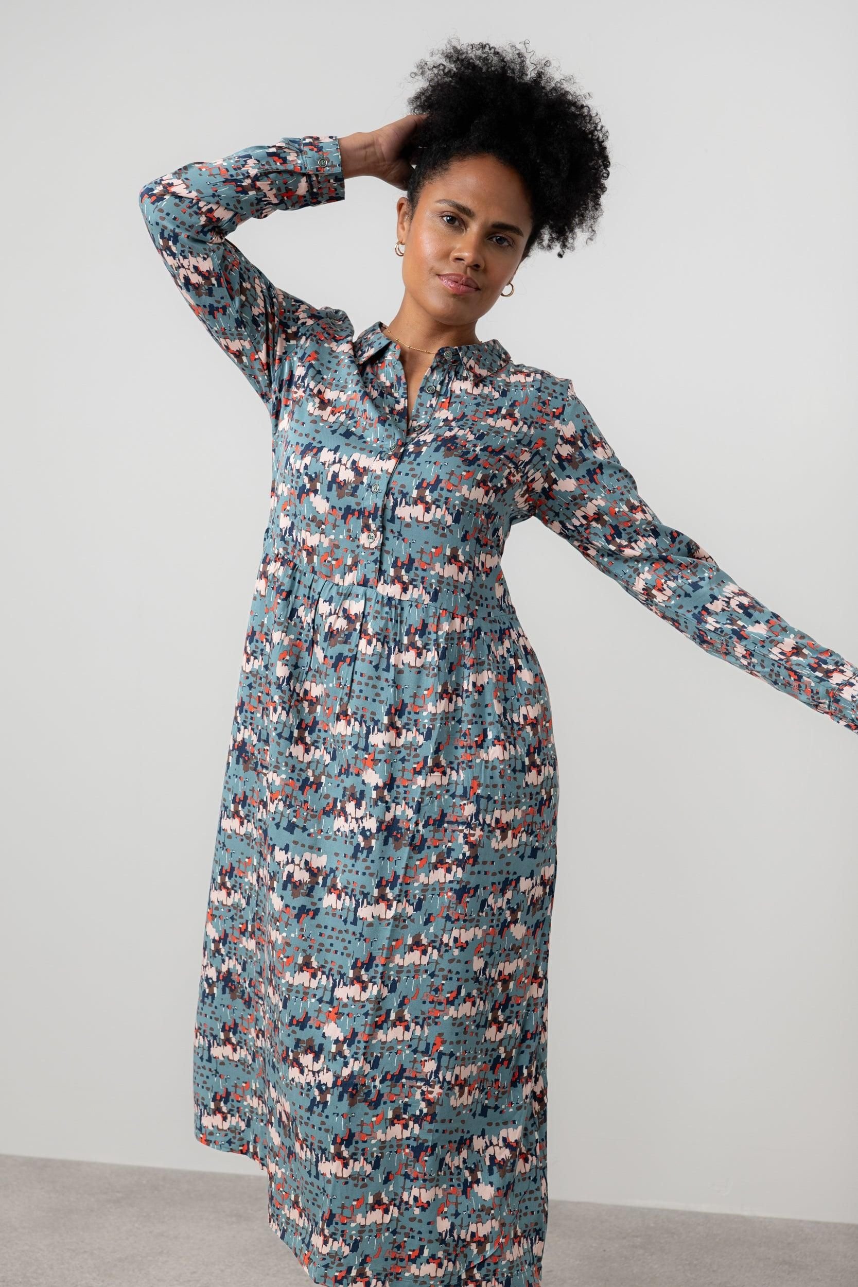 Lily & Me Lily & Me Women's Seasons Geometric Print Midi Shirt Dress with Full length sleeves in Mid Blue - 3