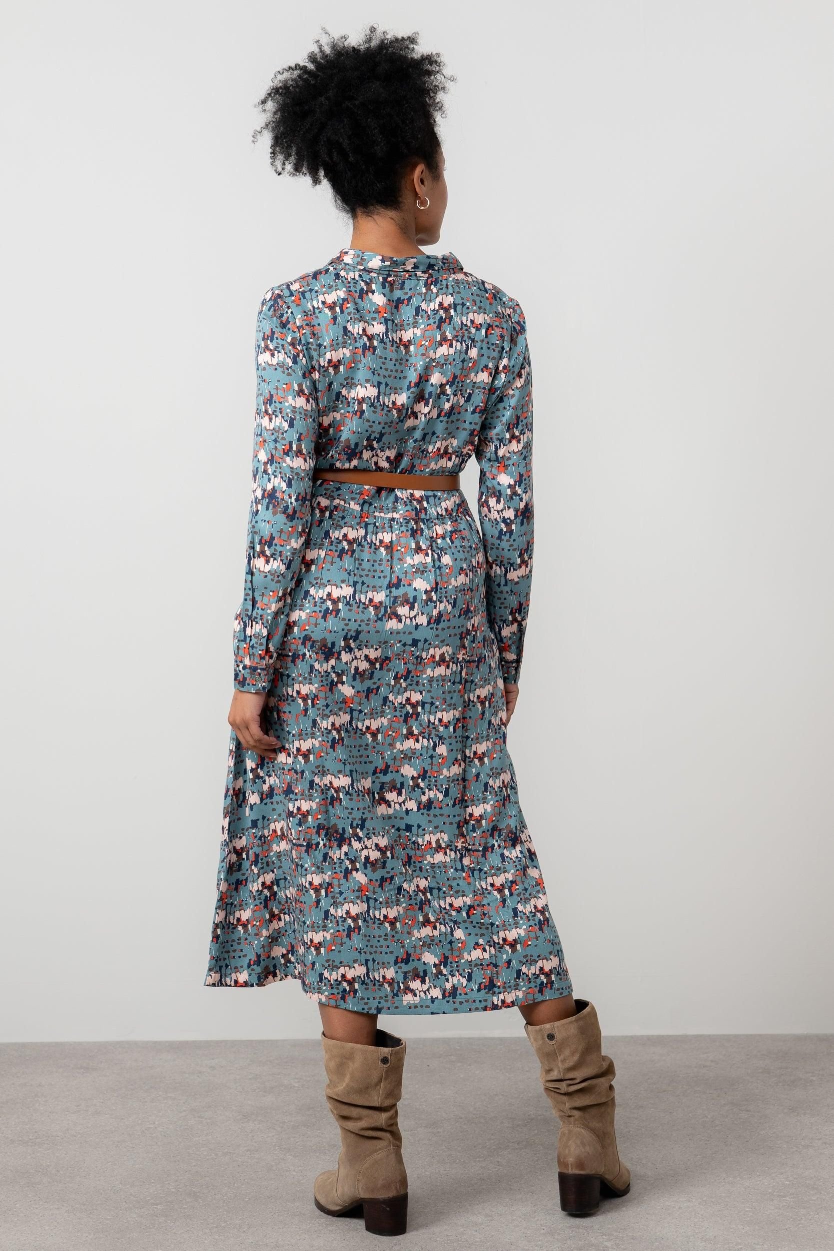 Lily & Me Lily & Me Women's Seasons Geometric Print Midi Shirt Dress with Full length sleeves in Mid Blue - 4