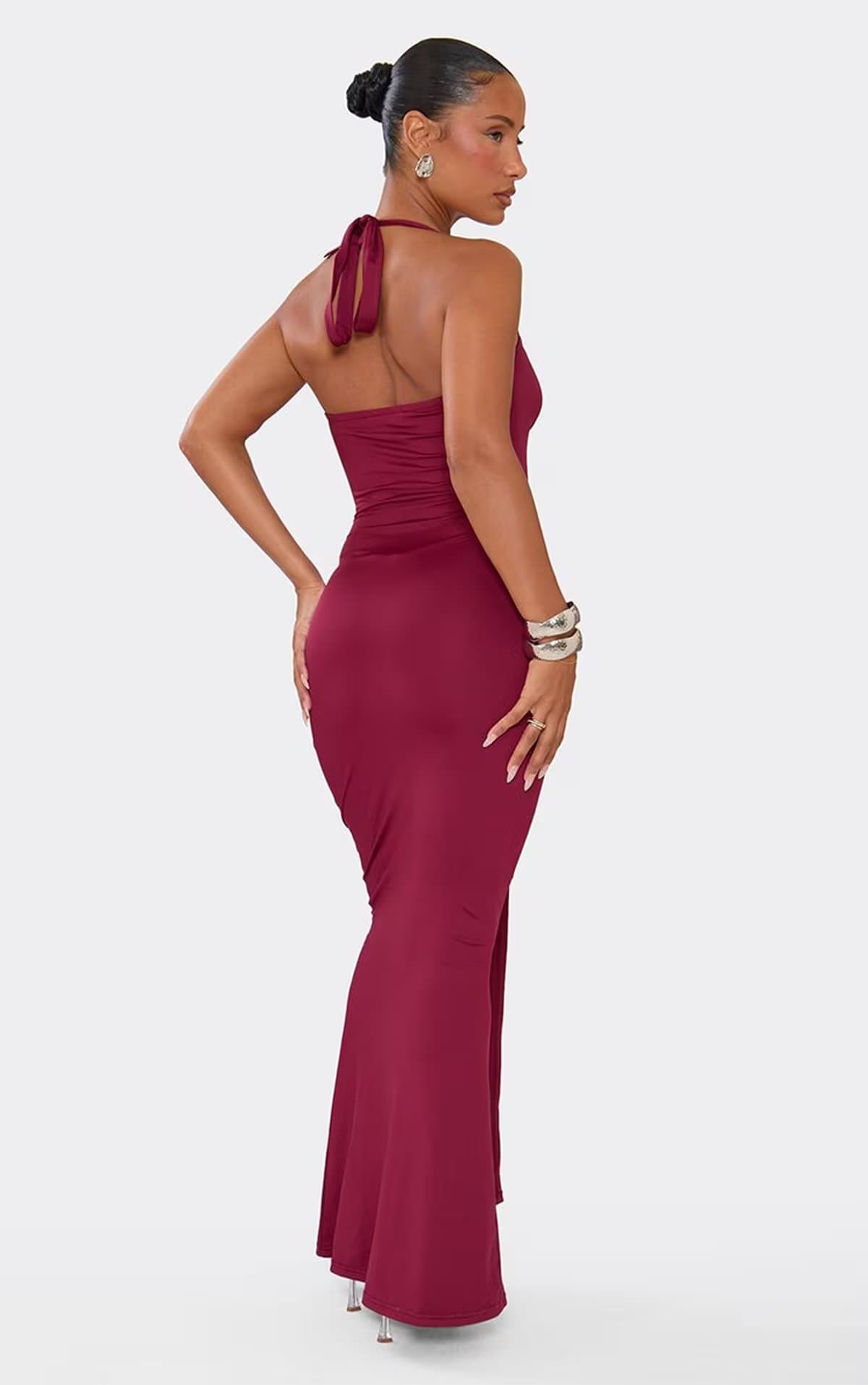 EGO Plunge Halterneck Drape Front Ruched Maxi Dress In Burgundy, Women's Size UK 6