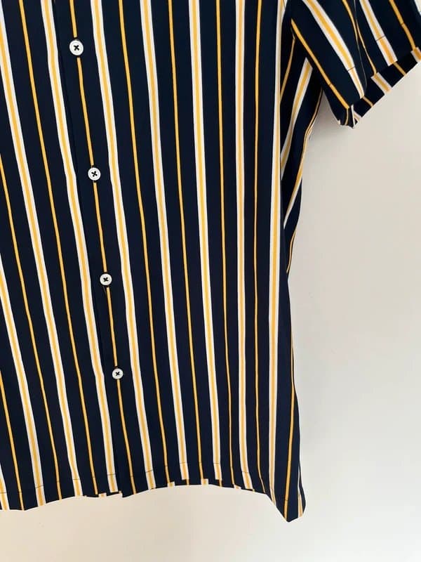 ASOS Men's ASOS Design Navy Yellow Striped Revere Collar Short Sleeve Shirt - Size S