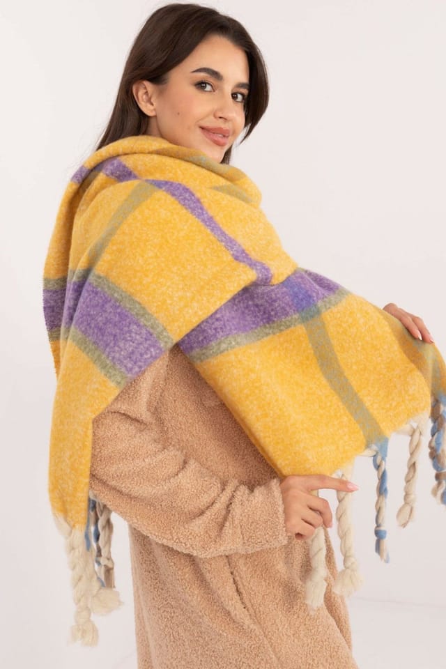Love Lace Love Lace Women's Elegant Checkered Polyester Scarf With Tassel Fringe for Winter in Yellow - 2