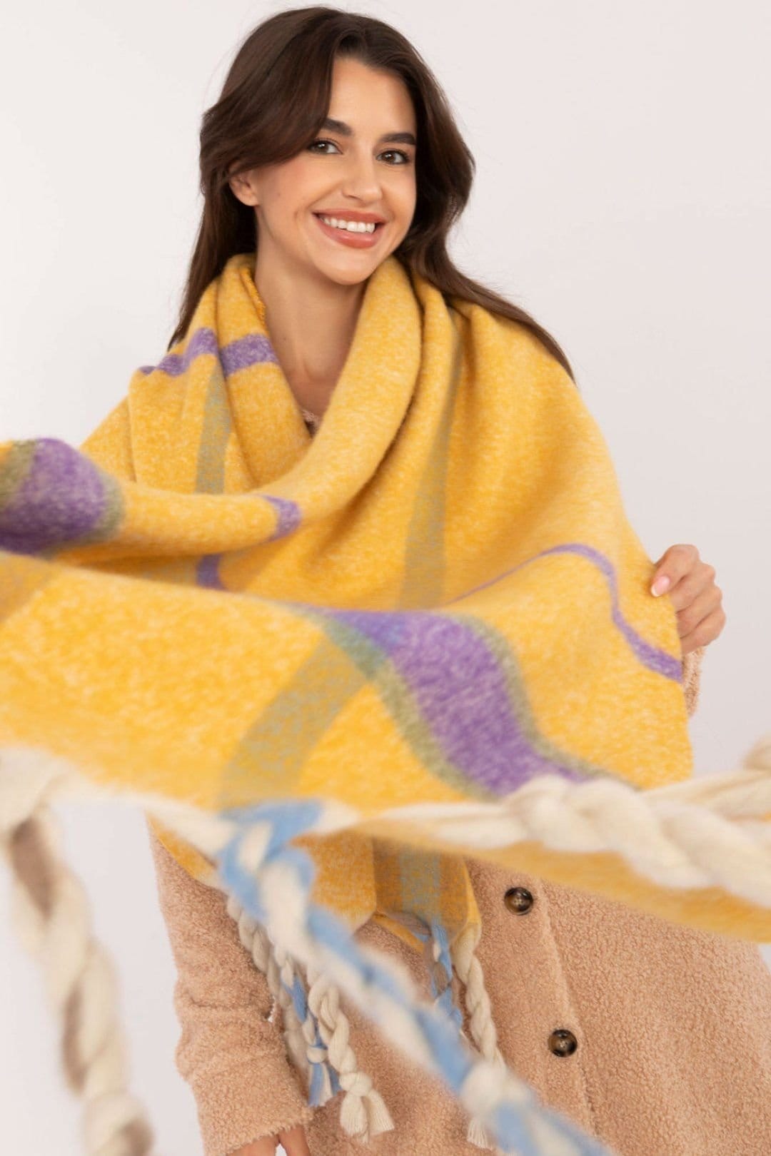 Love Lace Love Lace Women's Elegant Checkered Polyester Scarf With Tassel Fringe for Winter in Yellow - 4
